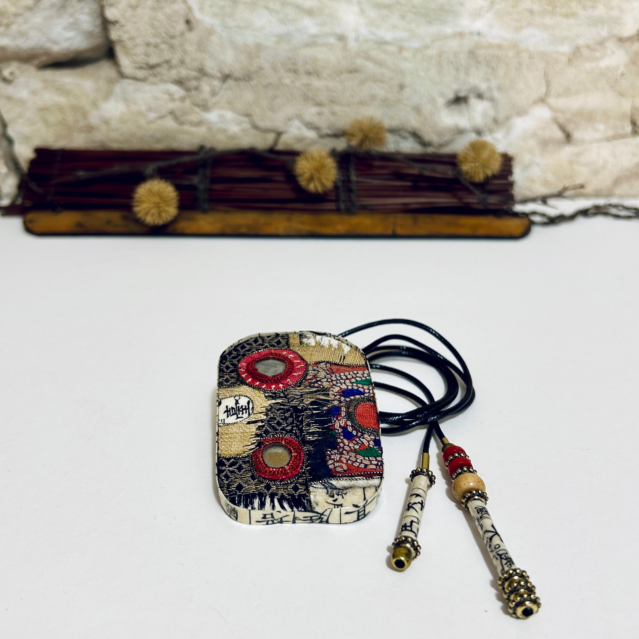 Large Antique Textile Pendant Necklace Brooch: 5.5cm x 8.5cm
