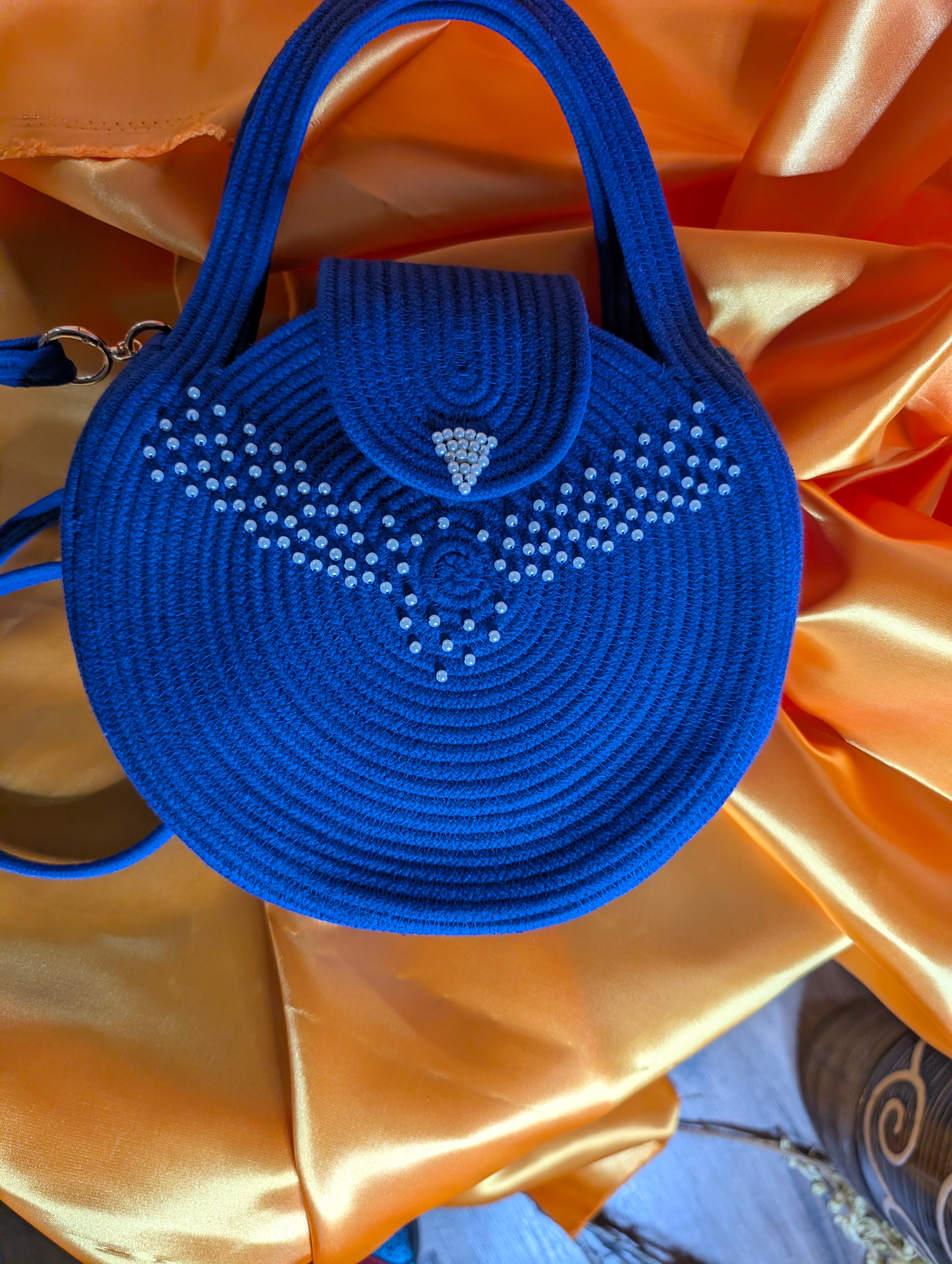 "Siana" (M) Handmade Cotton Cord Bag with Pearl Accents