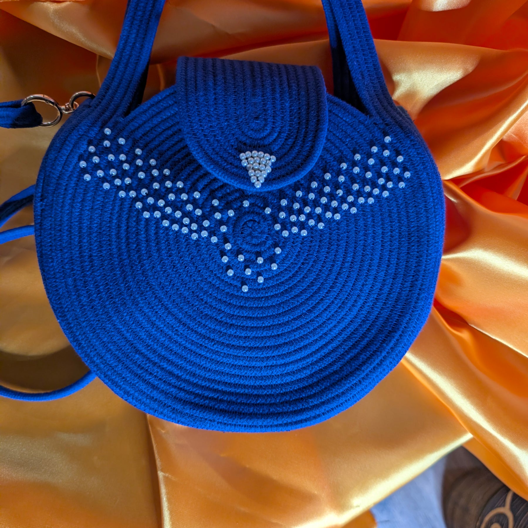 "Siana" (M) Handmade Cotton Cord Bag with Pearl Accents