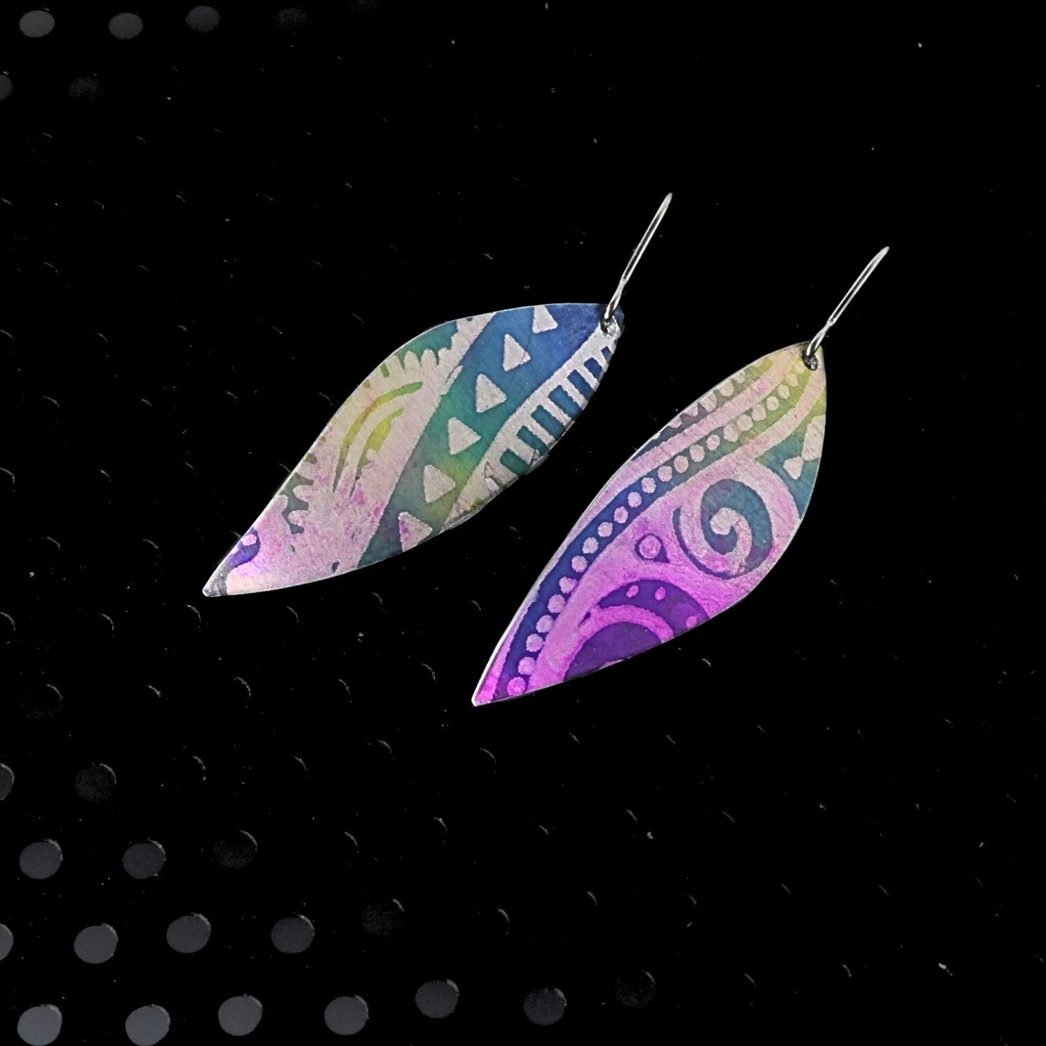 Anodised aluminium earrings hand printed Aztec Aura Collection