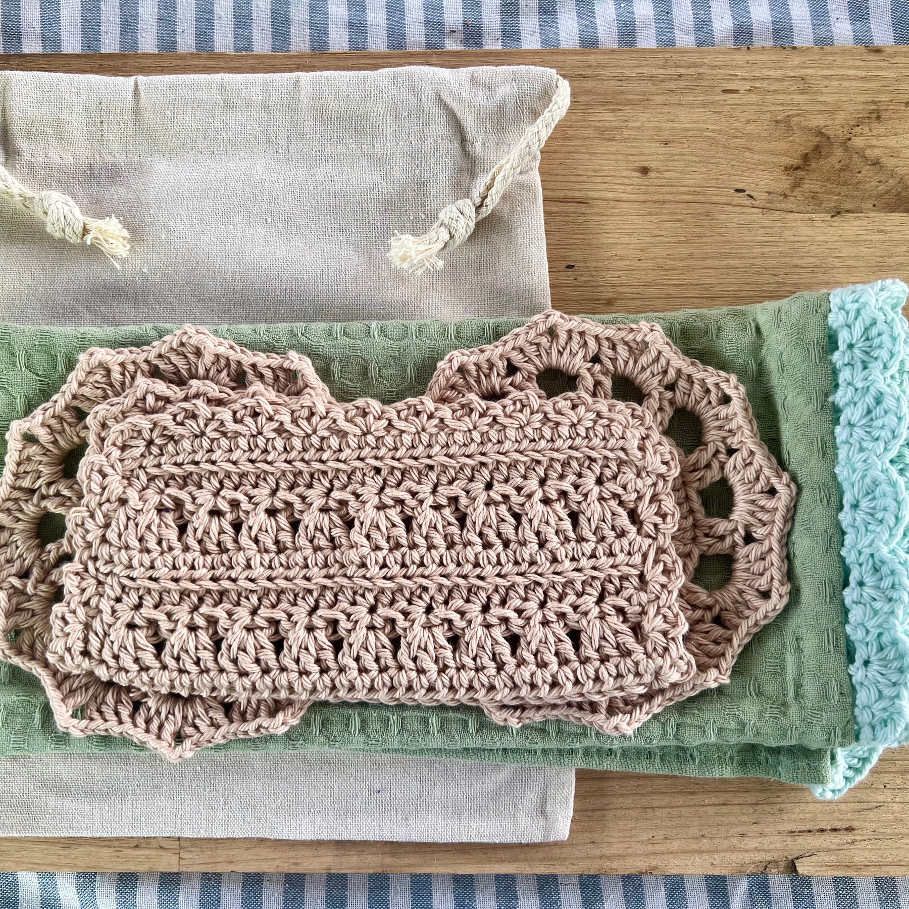 Coastal Kitchen Gift Set, Handmade Crochet Tea Towel & Coasters