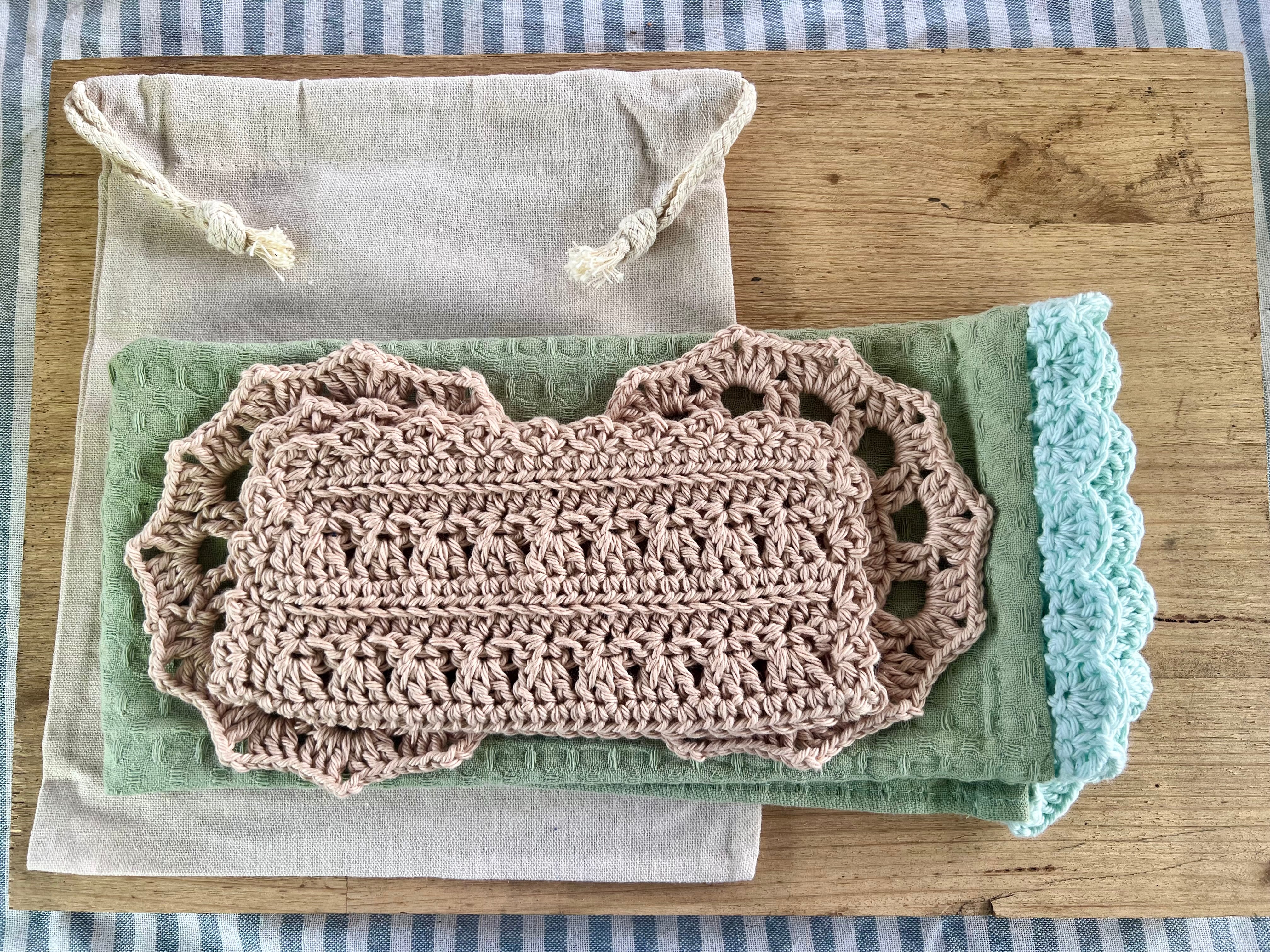 Coastal Kitchen Gift Set, Handmade Crochet Tea Towel & Coasters