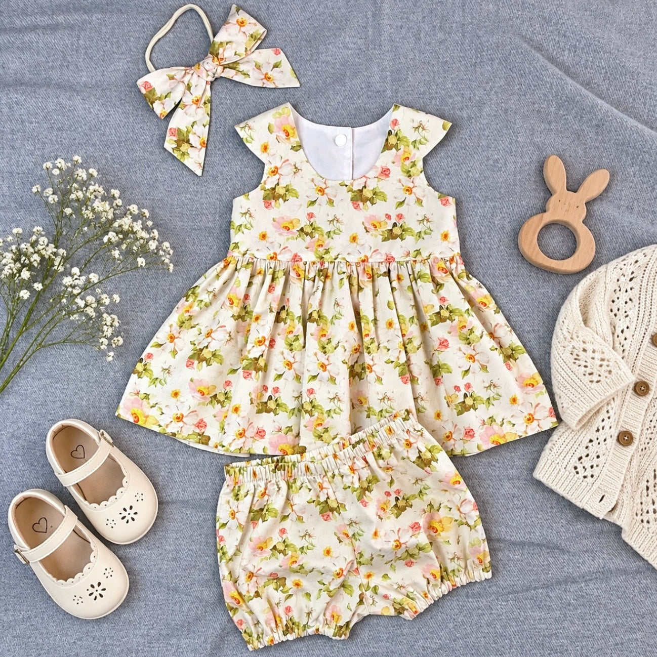 Size 1 Lemon Camellia Floral Baby Dress Set
