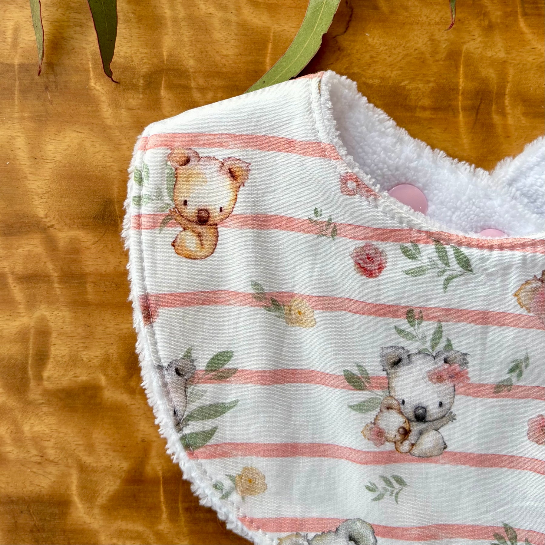 Baby Bib and Burp Cloth Set | Pink Koala Stripe | Made to Order
