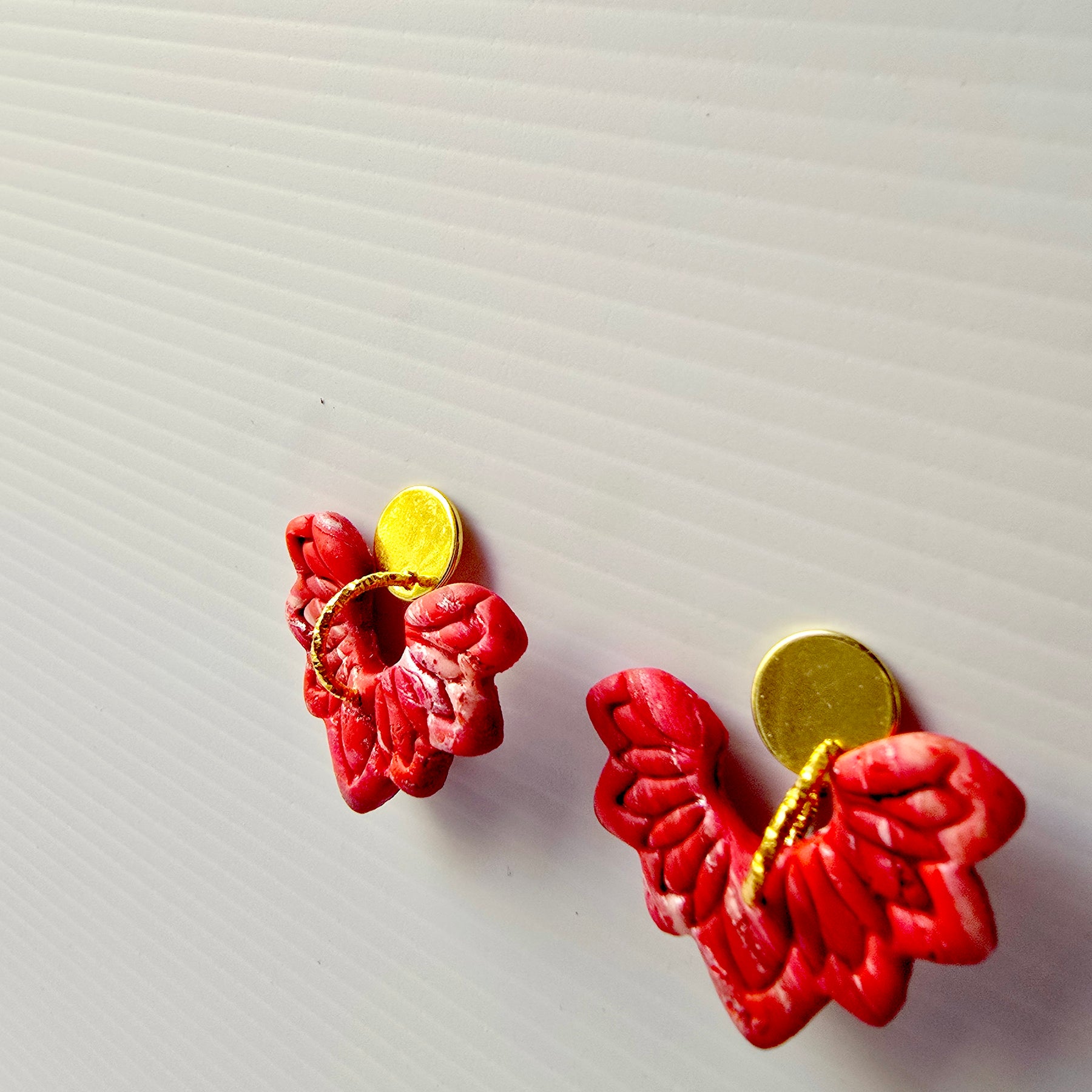 Red Marbled Floral 9k Gold Plated Earrings