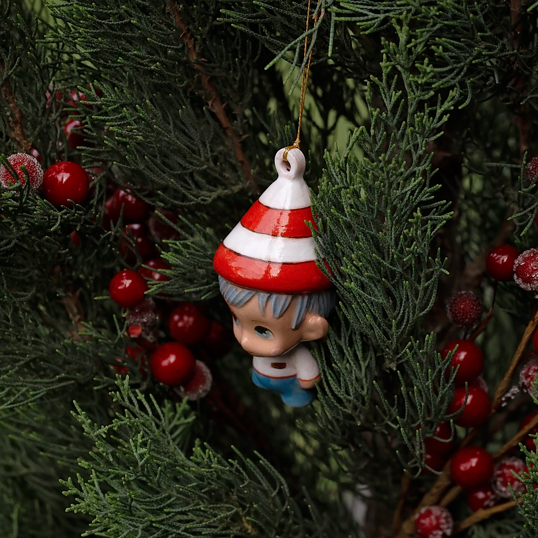 Handmade Porcelain Christmas ornament.  One-of-a-kind. Marcus, the Tinker Elf.