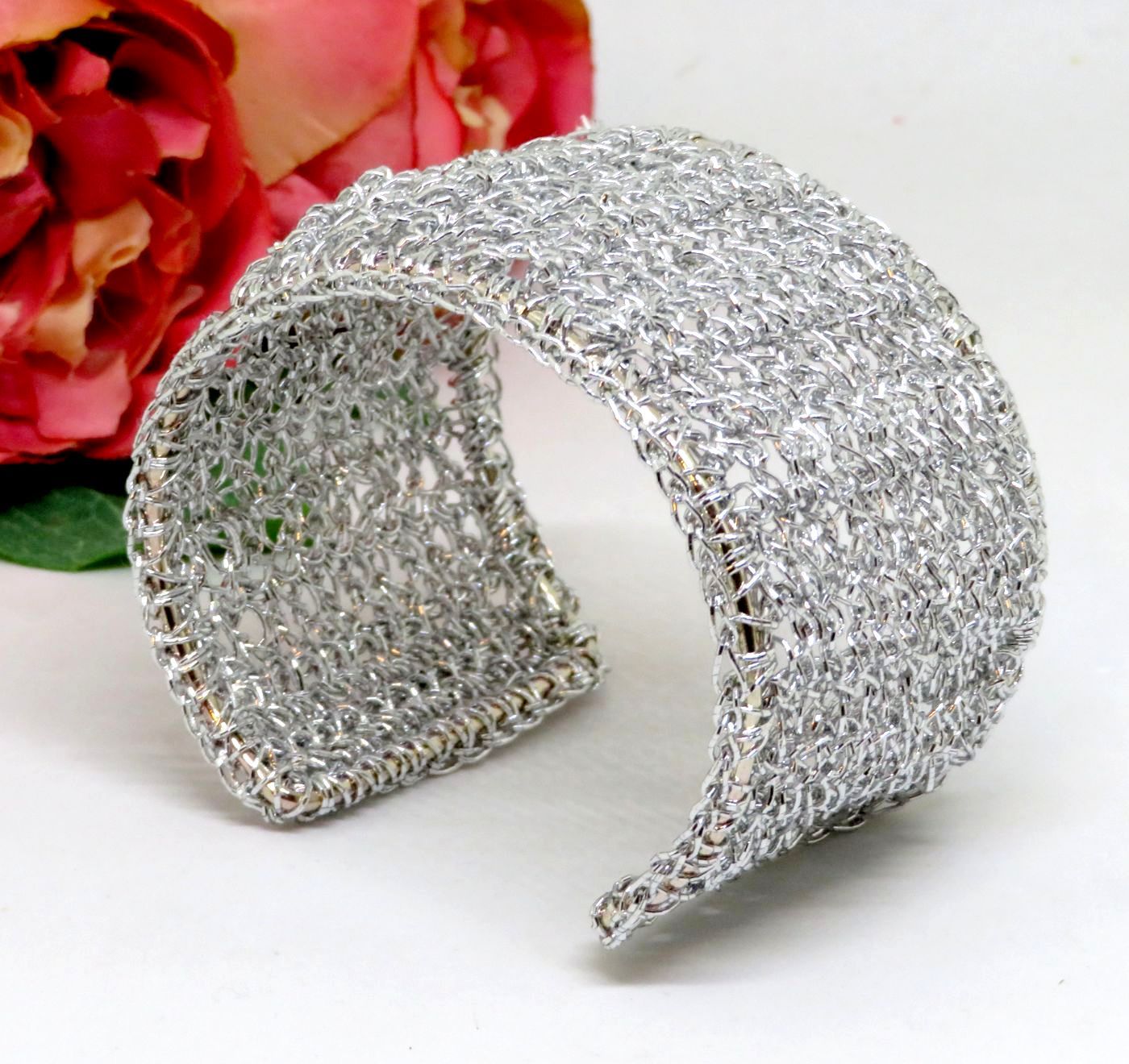 Bespoke Handmade Silver Crochet Shimmer Thread Cuff Bracelet