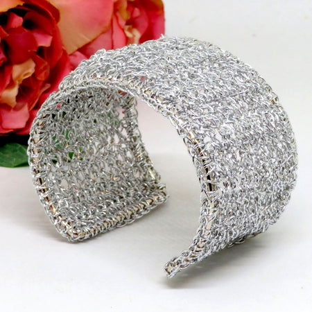 Bespoke Handmade Silver Crochet Shimmer Thread Cuff Bracelet