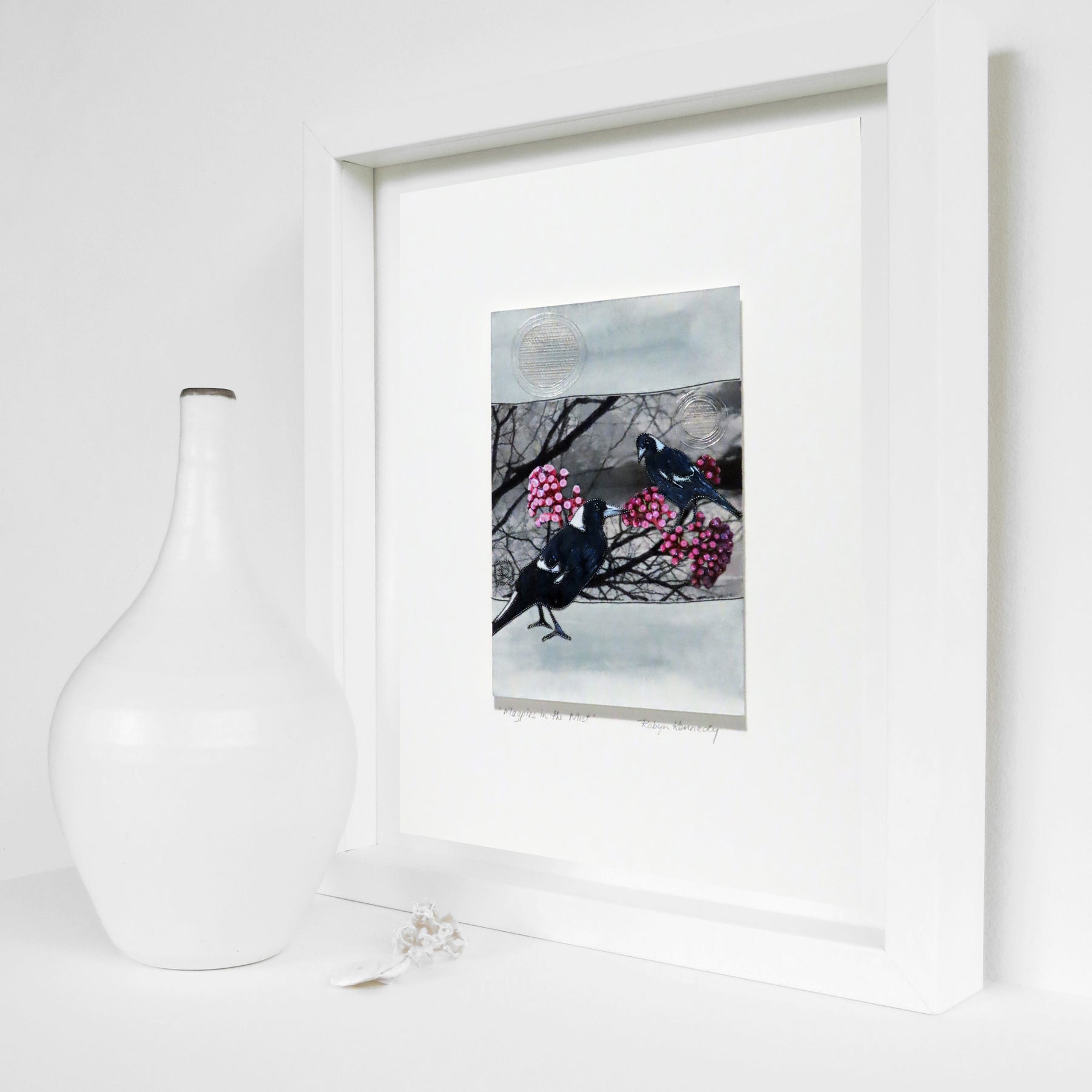 Unframed Collage Art - Magpies & Pink Flowers