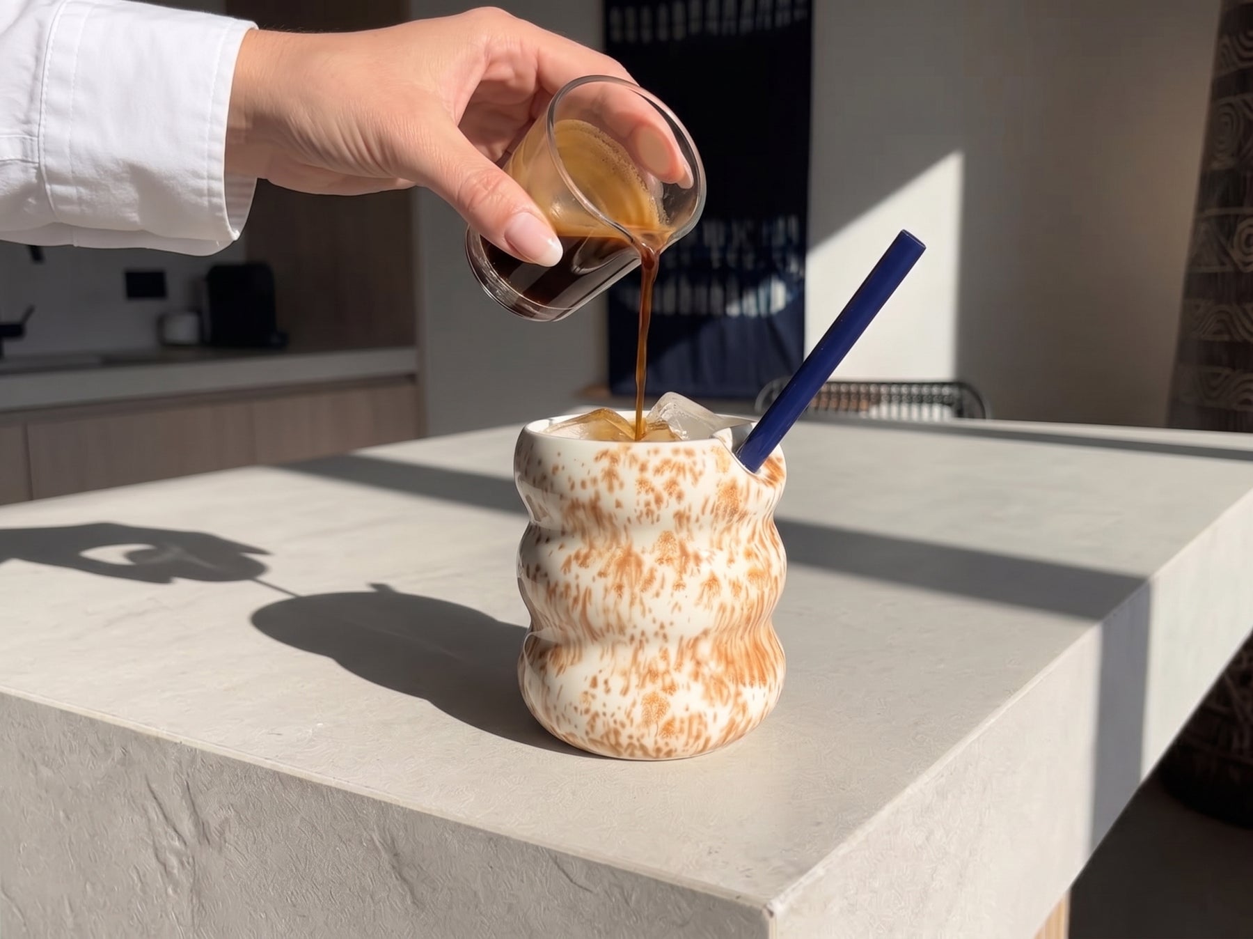 Handcrafted Porcelain Tumbler with Silicon Straw, 600mL Bubble Cup in Latte Glaze