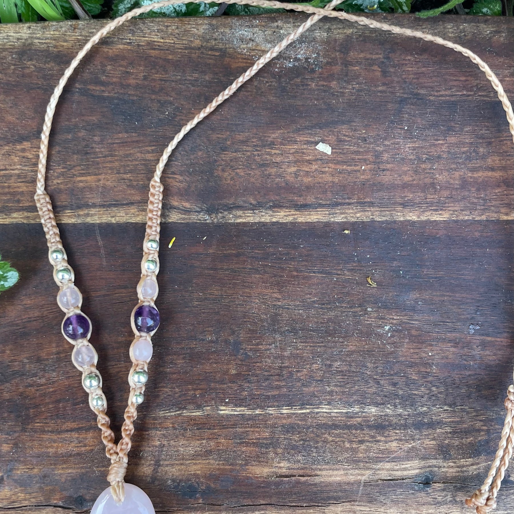 Rose Quartz Pendant, Oval, beaded necklace macrame adjustable