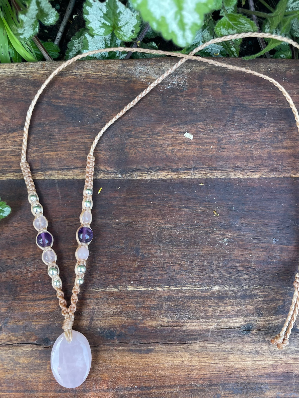 Rose Quartz Pendant, Oval, beaded necklace macrame adjustable