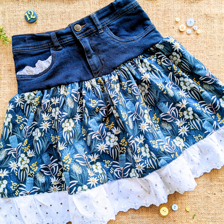 Girls Skirt Size 12 Upcycled Denim Australian flannel flowers and wattles