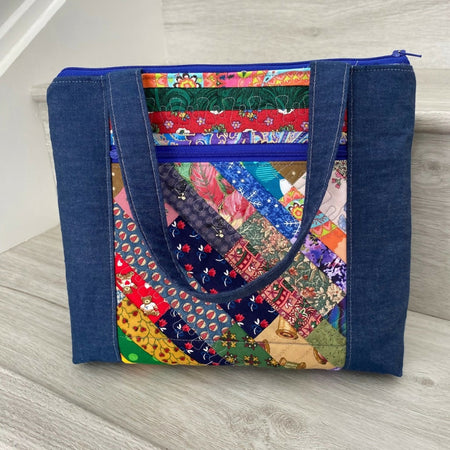 Denim edged strip patchwork bag