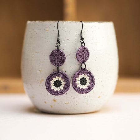 Flower medallion micro-crochet earrings - dusky purple, ivory and black