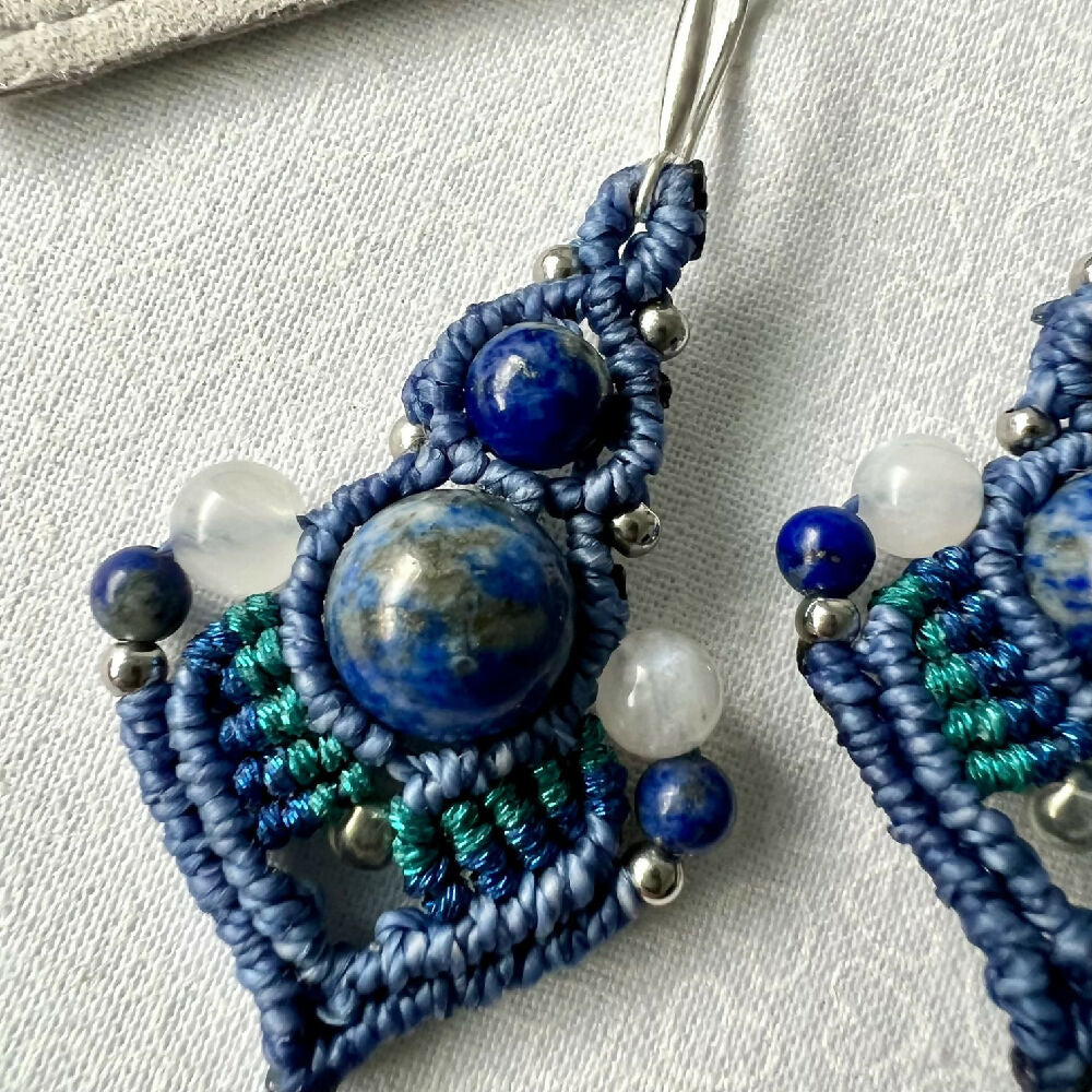 SOLD OUT Lapis Lazuli & Moonstone Macrame Earrings +Free Microfibre Pouch