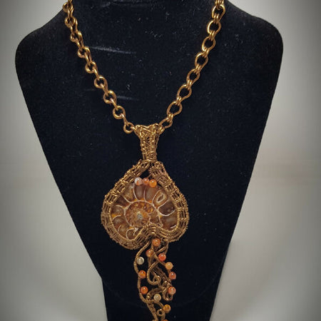 Ammonite fossil wire wrapped Necklace on hand crafted chain