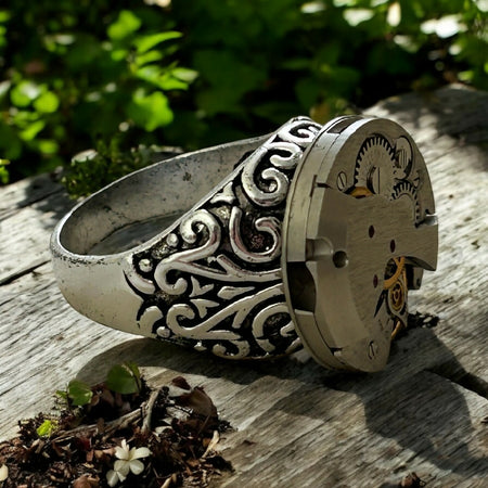 Steampunk watch movement men's ring