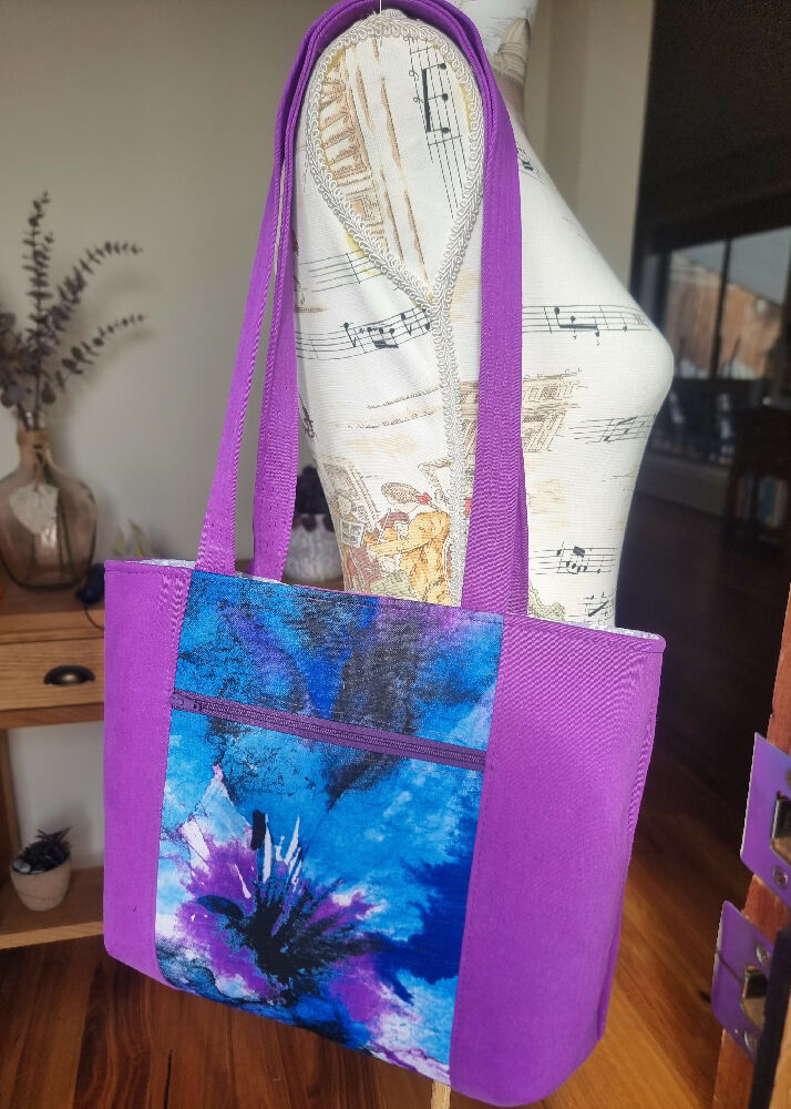 Upcycled small tote bag - purple & blue abstract floral