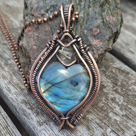 Blue Labradorite heart with faceted Golden Rutile Quartz accent in Copper with chain