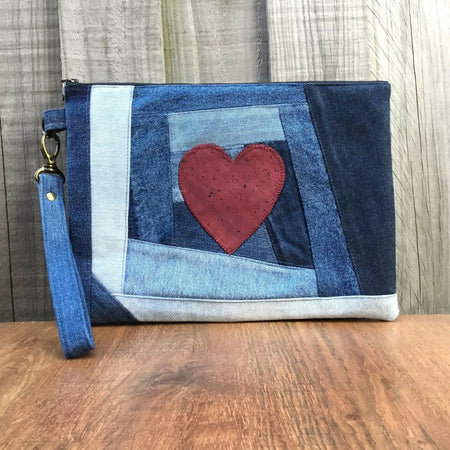 Large Upcycled Denim Pouch – Red Cork Heart