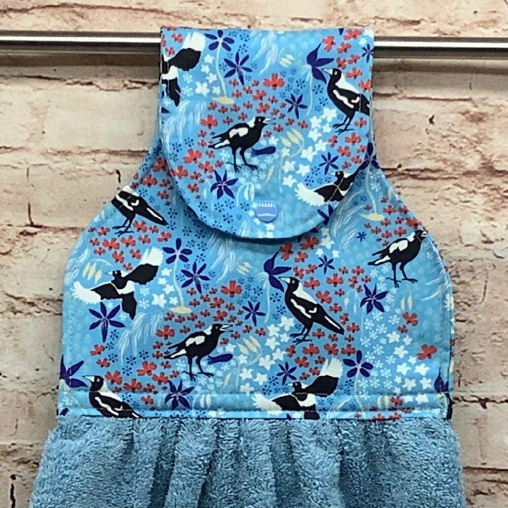 Australian Magpies hanging hand towel with fabric and loop top. - 4 Designs