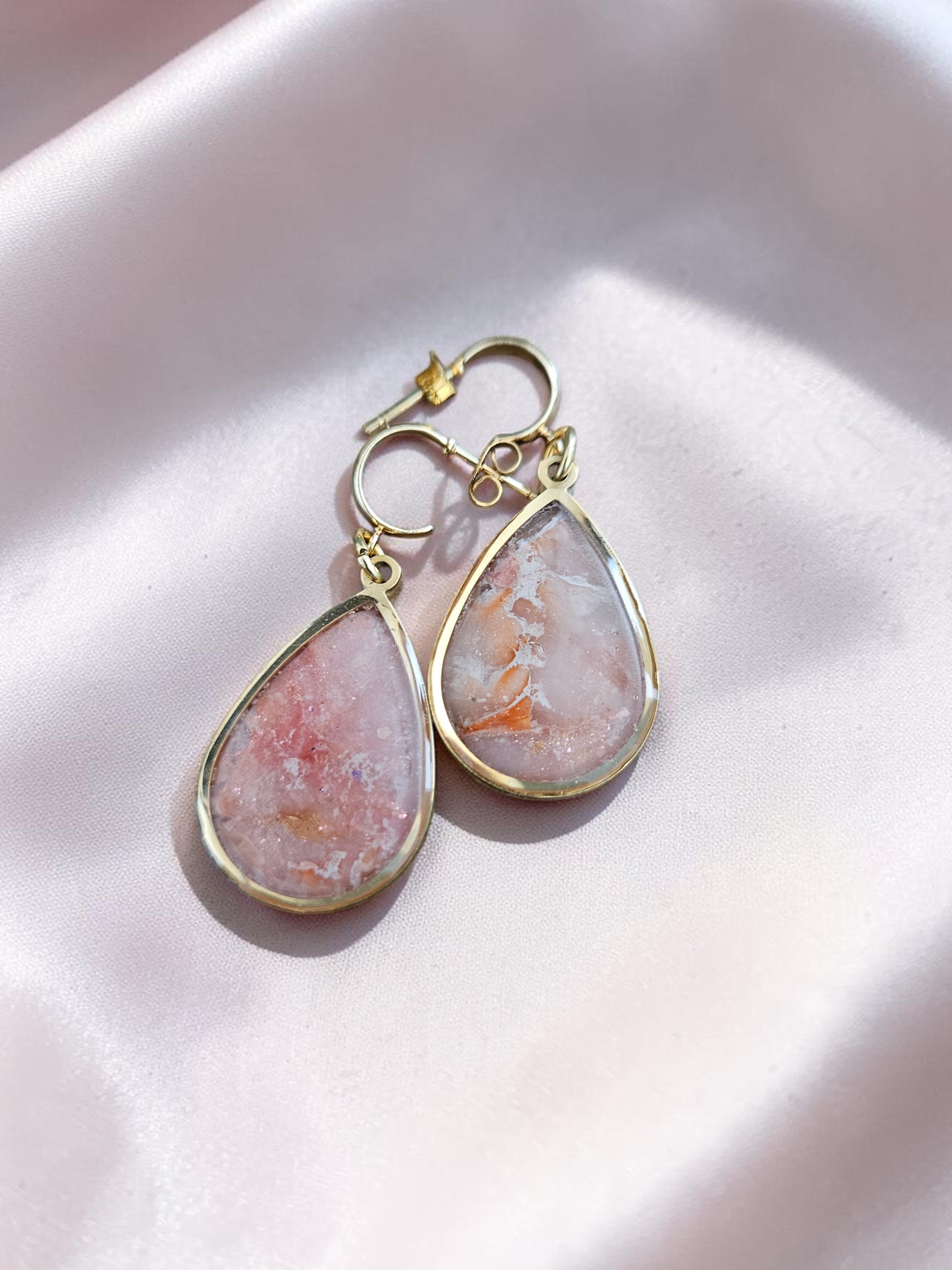 Teardrop Polymer Clay Earrings - Peach and Cream Stone