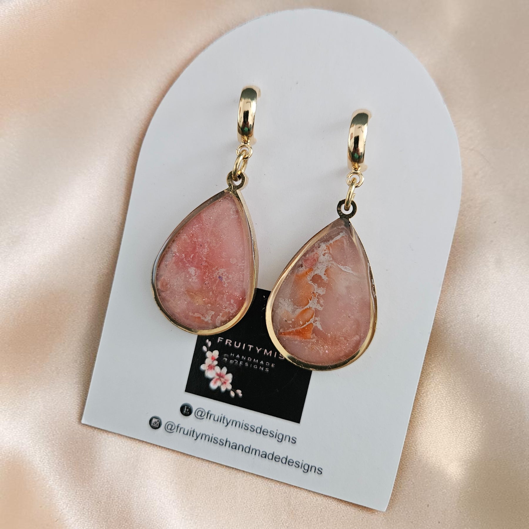 Teardrop Polymer Clay Earrings - Peach and Cream Stone