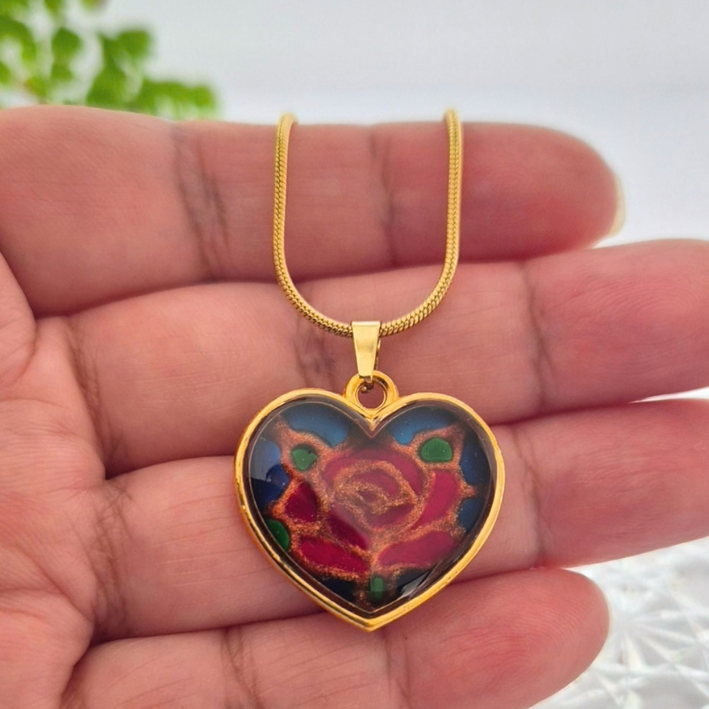 Hand-painted Resin Flower Heart Pendants
