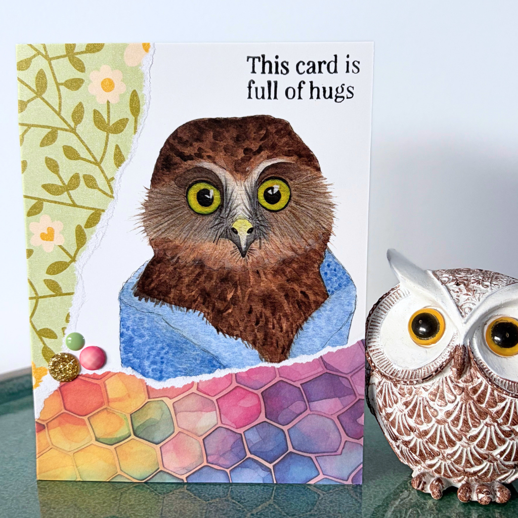 Cosy boobook "This card is full of hugs" card