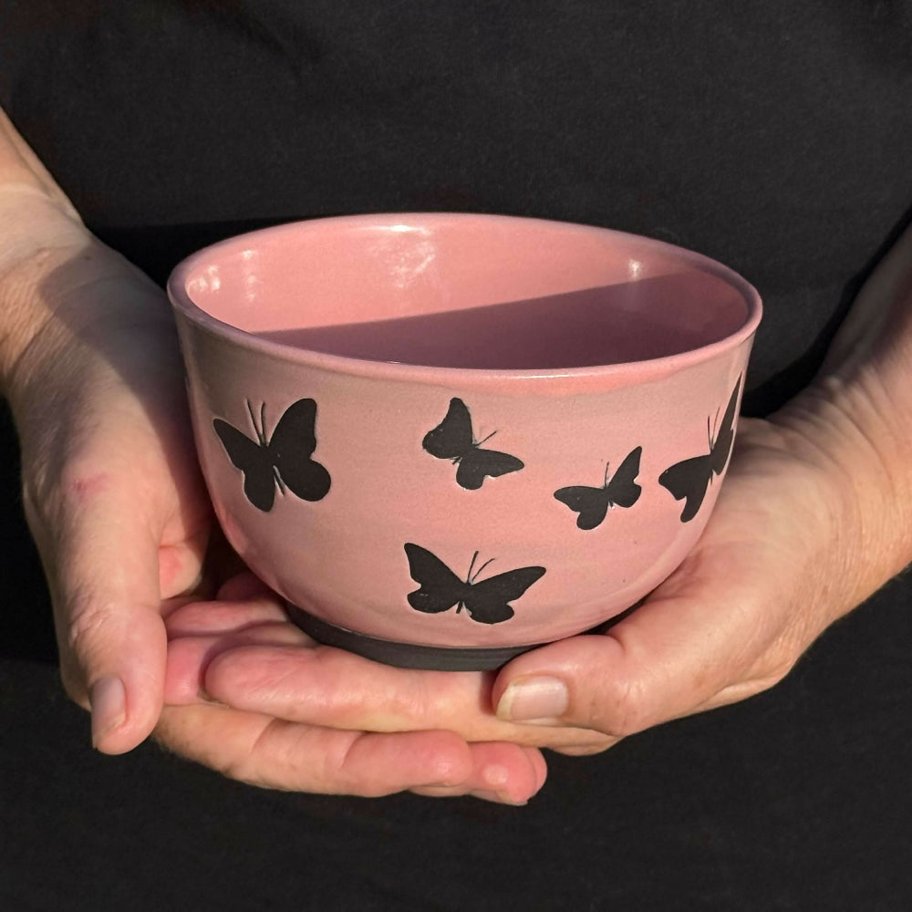 Australian-Ceramic-Pottery-Artist-Ana-Ceramica-Home-Decor-Kitchen-and-Dining-Servingware-Papillon-Noir-Handmade-Breakfast-Set-Pink-Black-Wheel-Thrown-Pottery