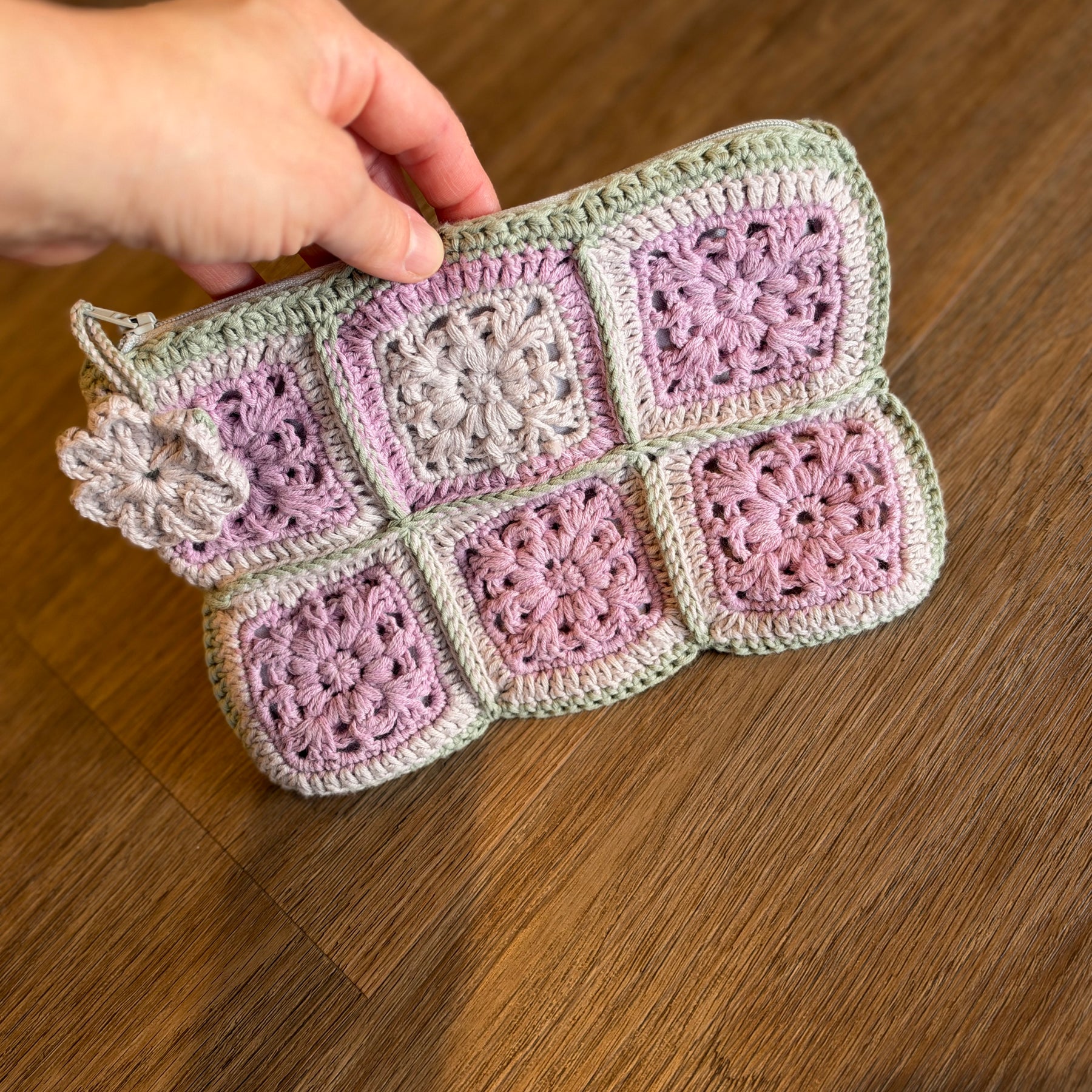 Pastel Pink & Sage Crochet Pouch – Handmade Granny Square Makeup Bag