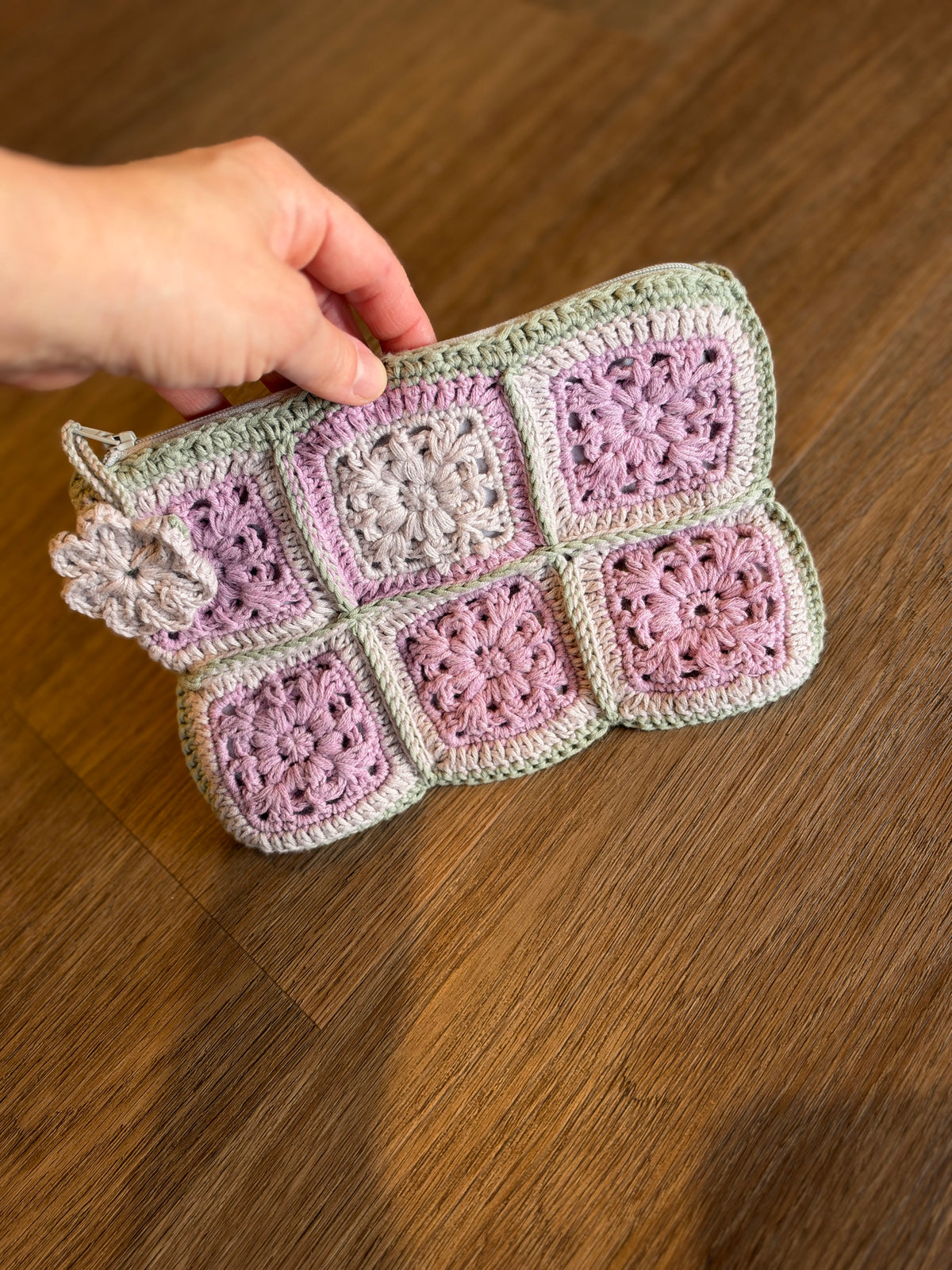 Pastel Pink & Sage Crochet Pouch – Handmade Granny Square Makeup Bag