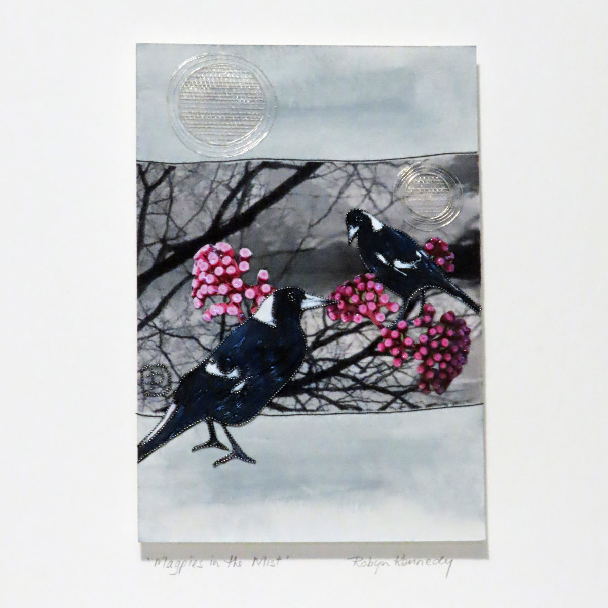 Unframed Collage Art - Magpies & Pink Flowers