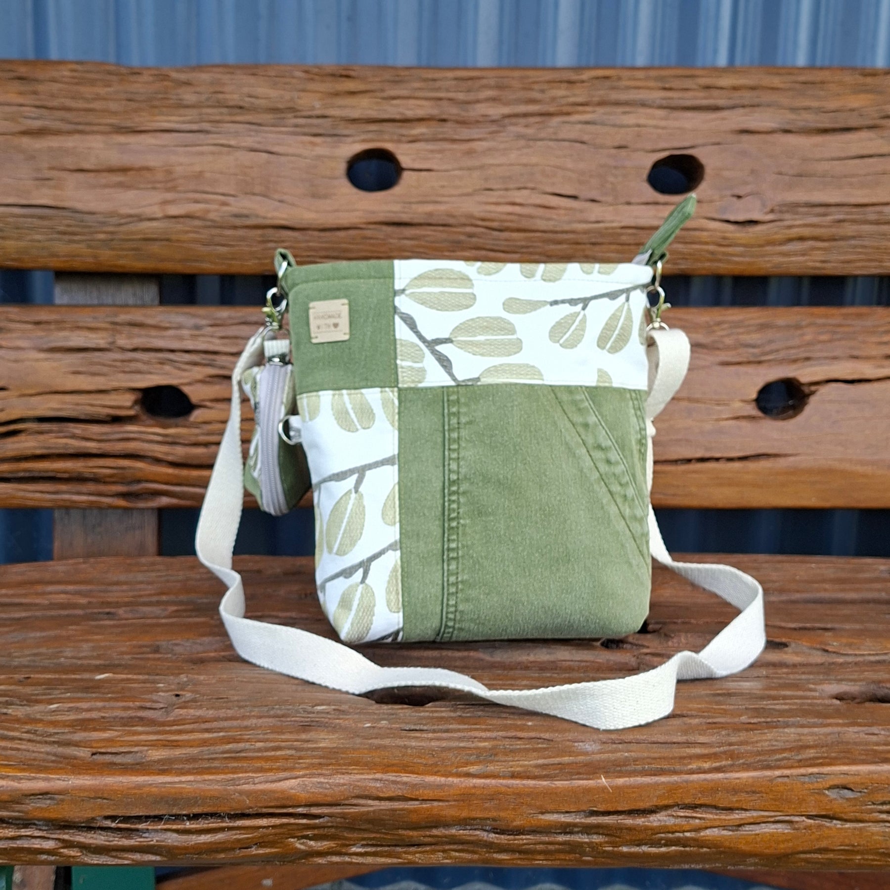 Upcycled Sage Green and Linen, Gender Neutral Crossbody Bag & Matching Coin Purse