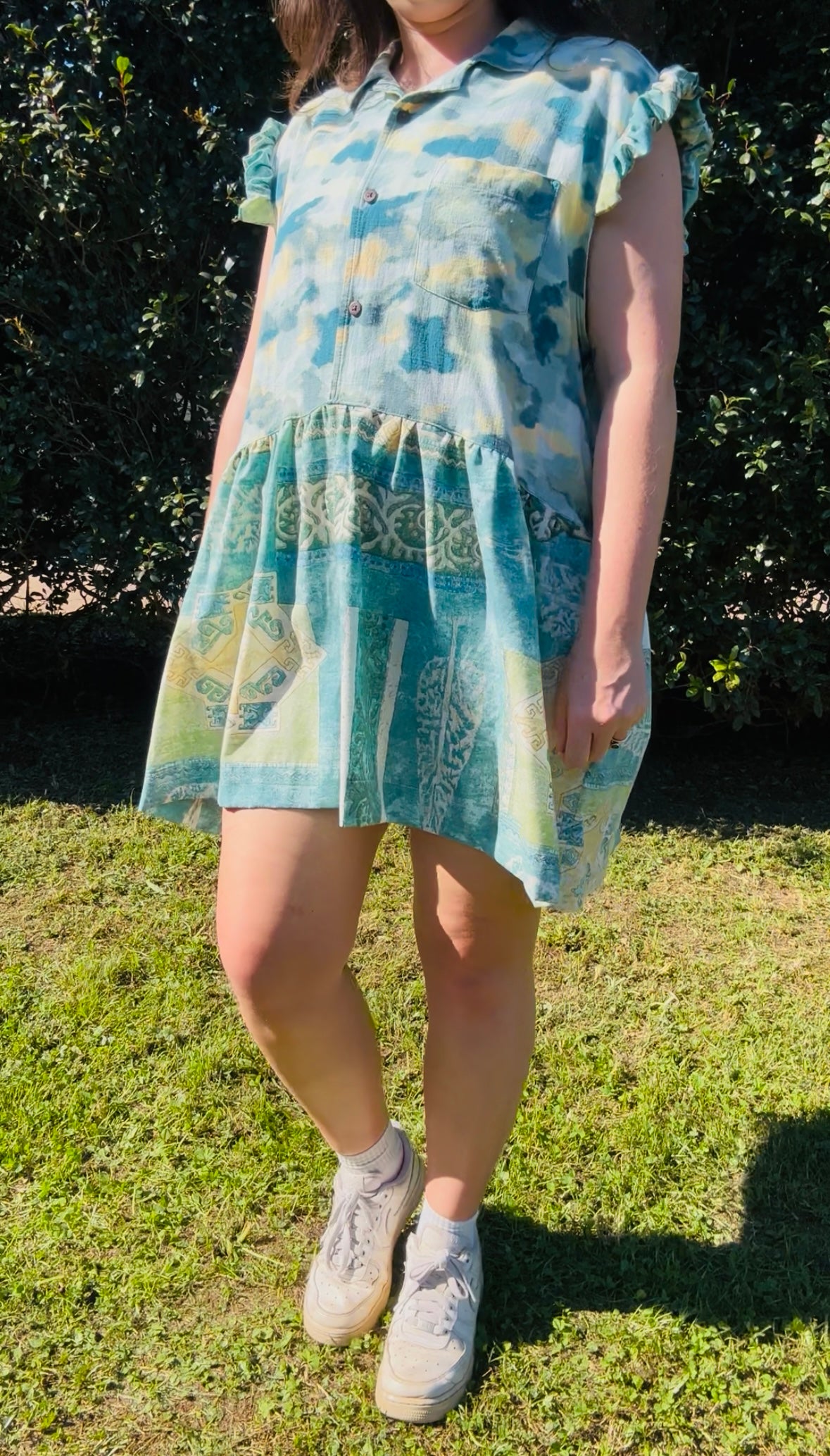 Upcycled Shirt Dress | Green Mix Print
