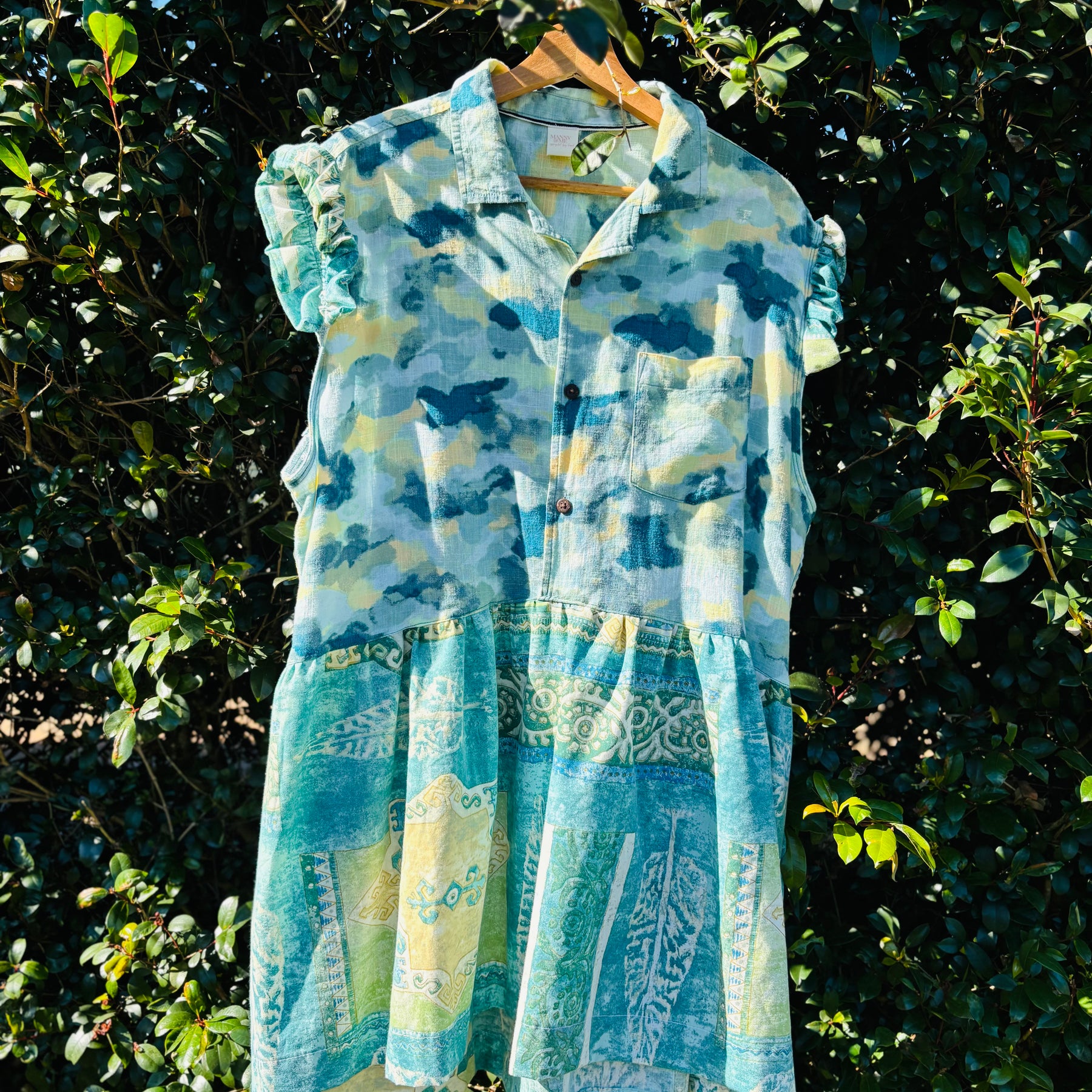 Upcycled Shirt Dress | Green Mix Print