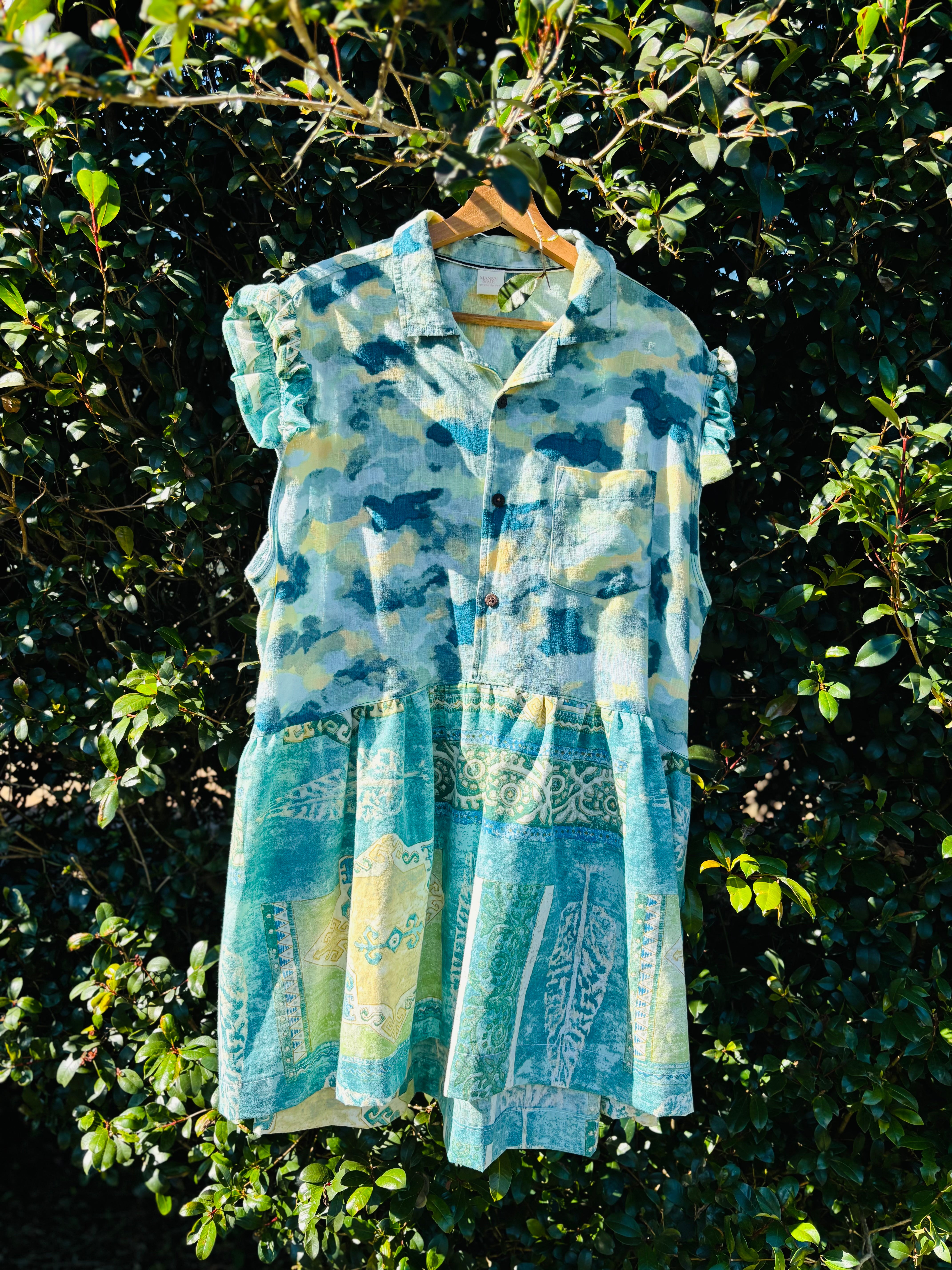 Upcycled Shirt Dress | Green Mix Print