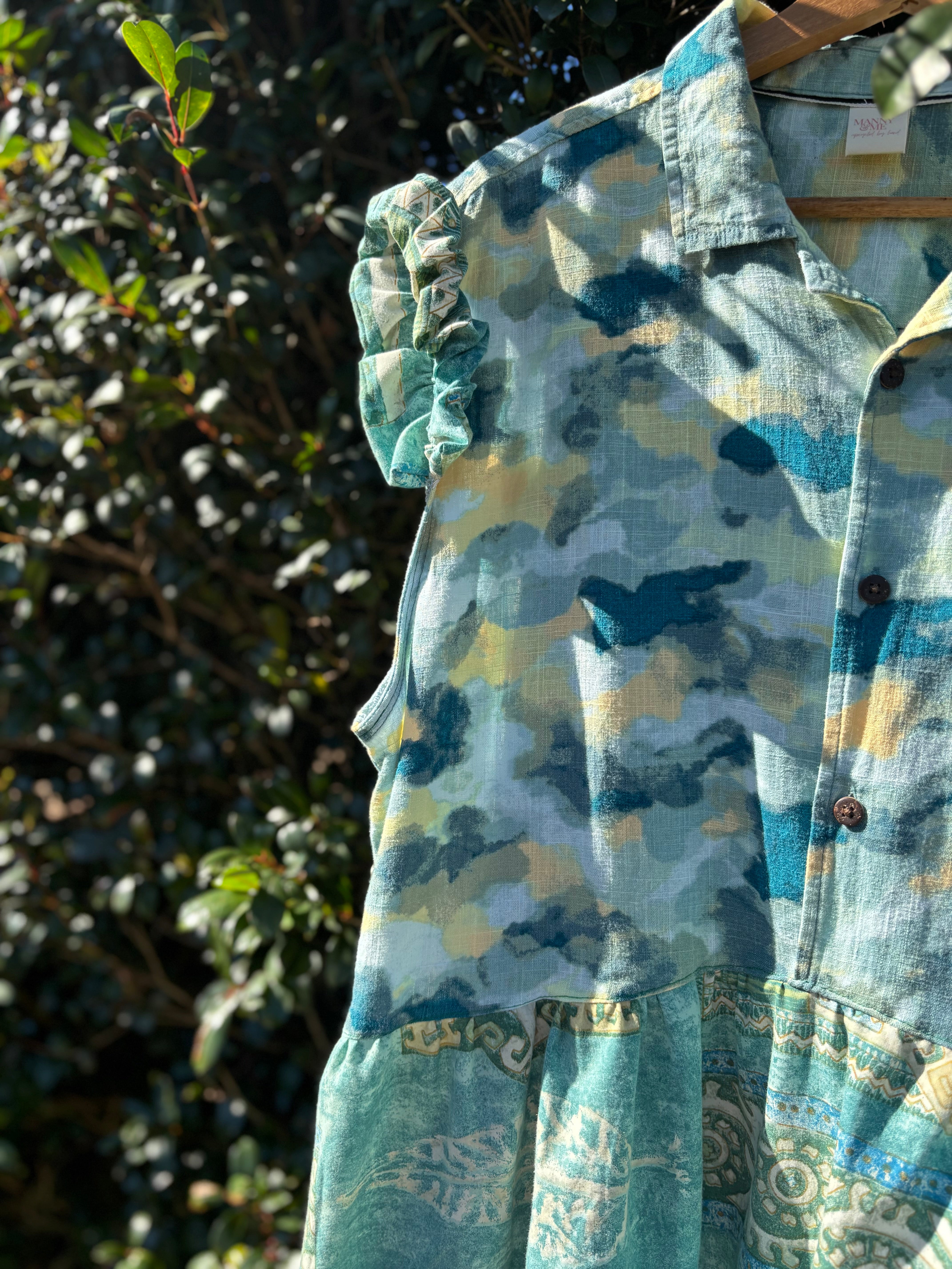 Upcycled Shirt Dress | Green Mix Print