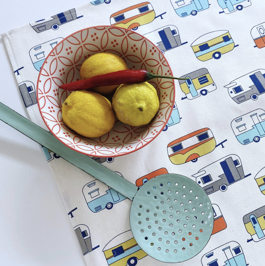Retro caravans tea towel.