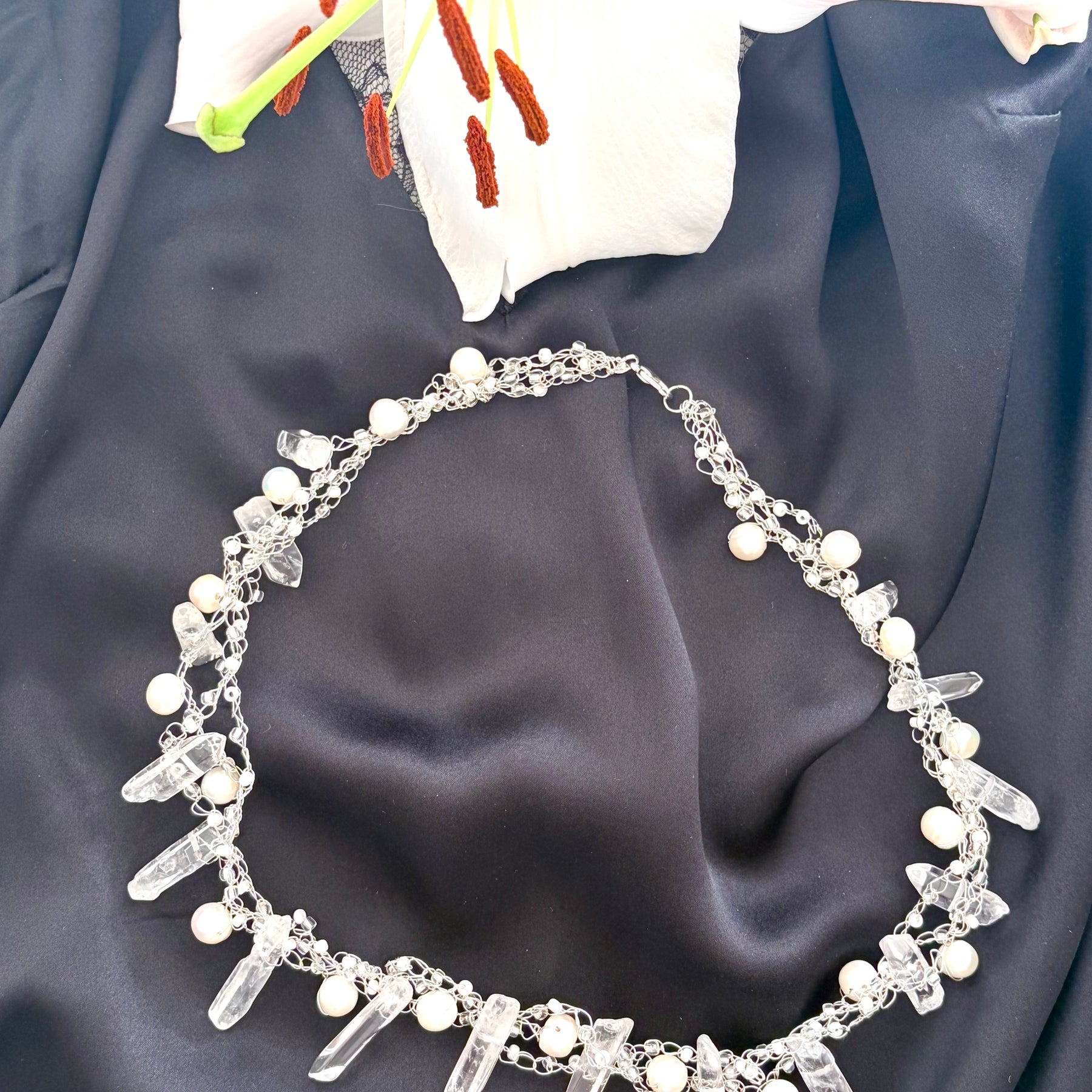 “The Snow Queen” Crochet Pearls & Crystals Necklace