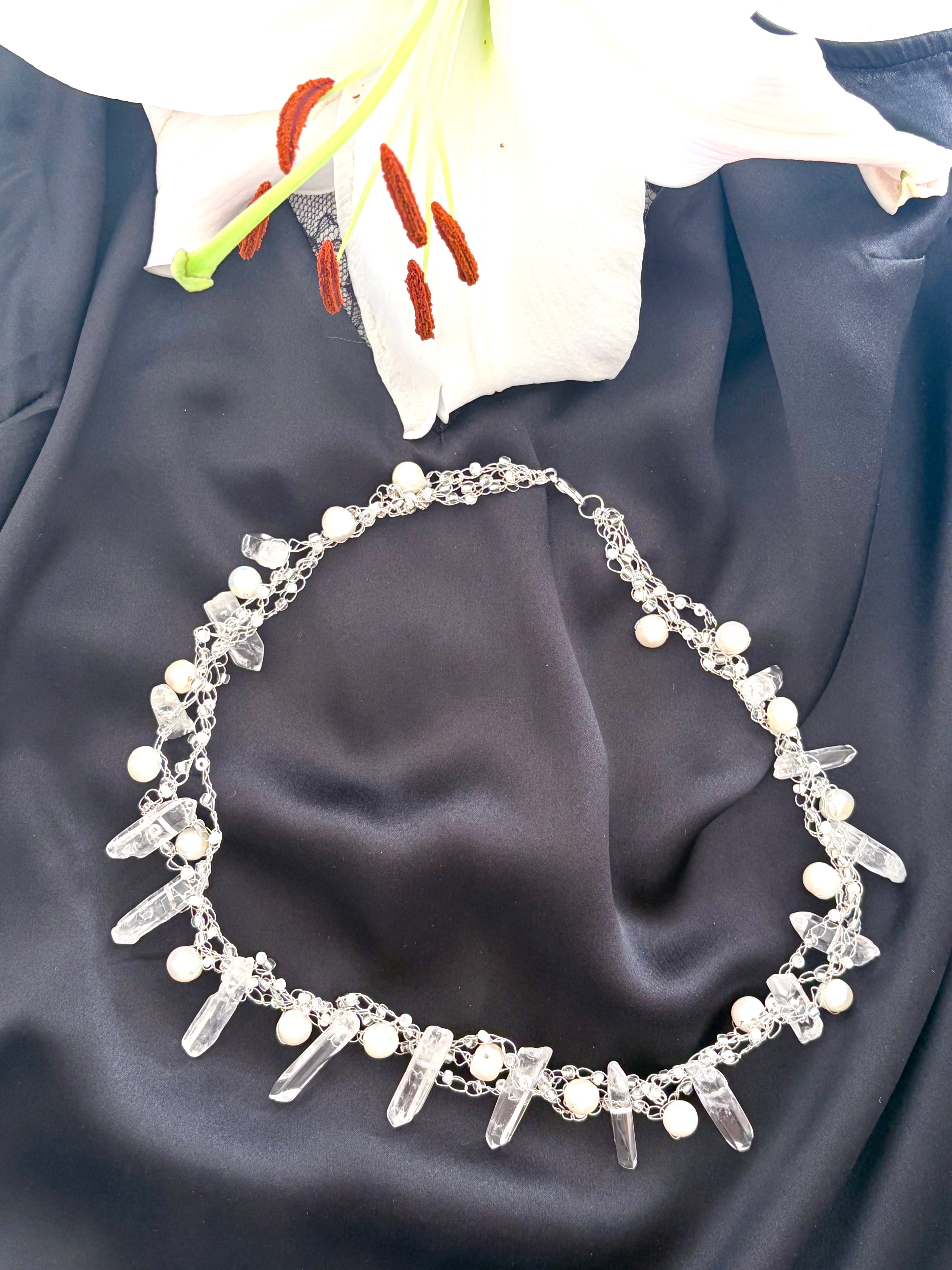 “The Snow Queen” Crochet Pearls & Crystals Necklace
