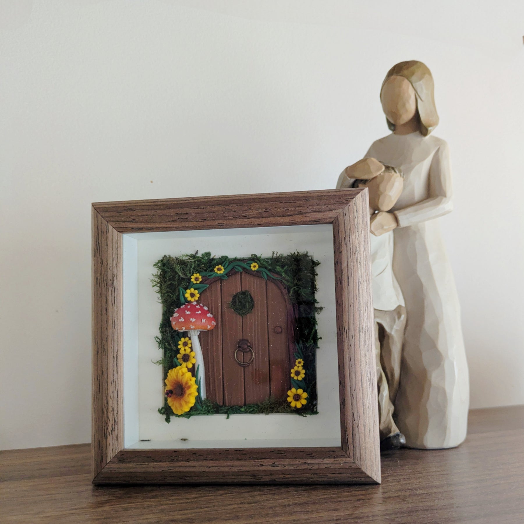 Hand Sculpted Woodland Sunflower Fairy Door Shadow Box