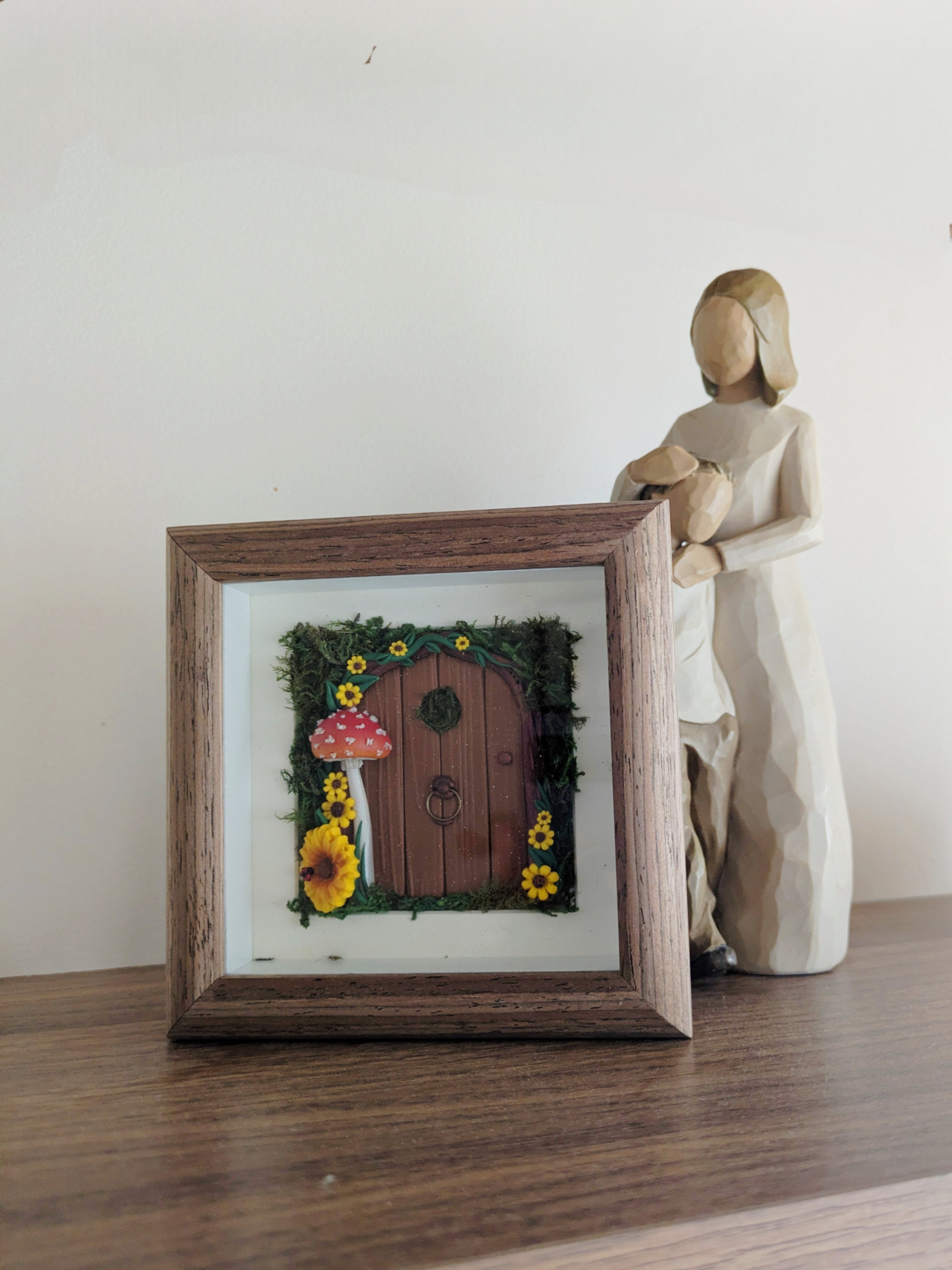 Hand Sculpted Woodland Sunflower Fairy Door Shadow Box