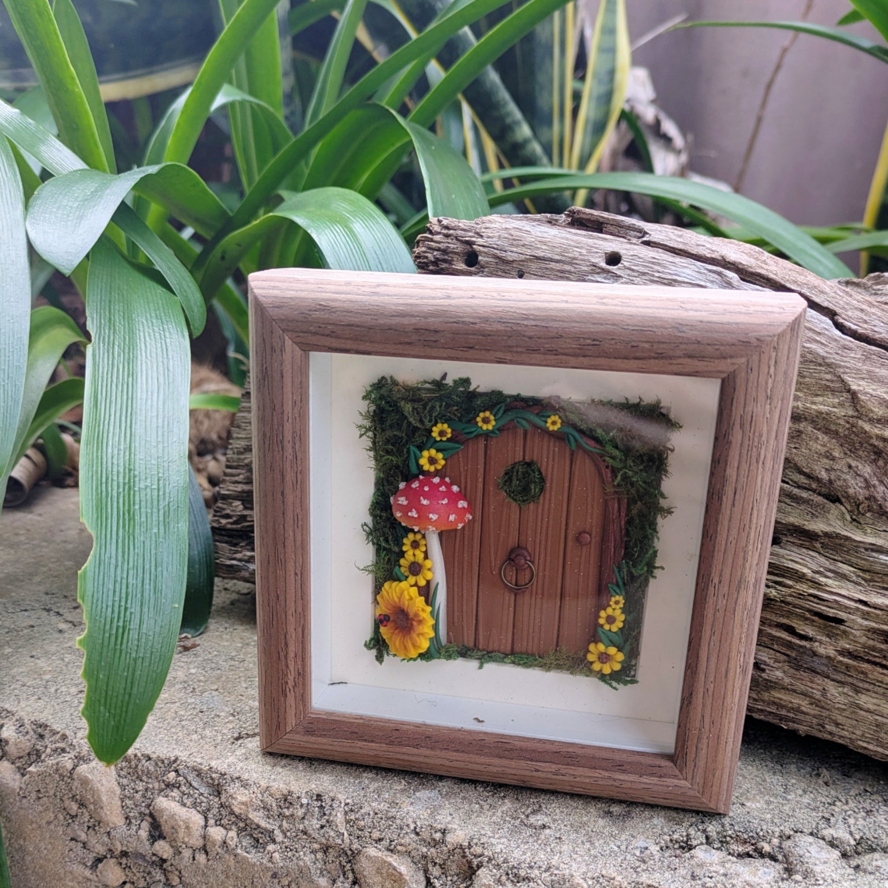 Hand Sculpted Woodland Sunflower Fairy Door Shadow Box