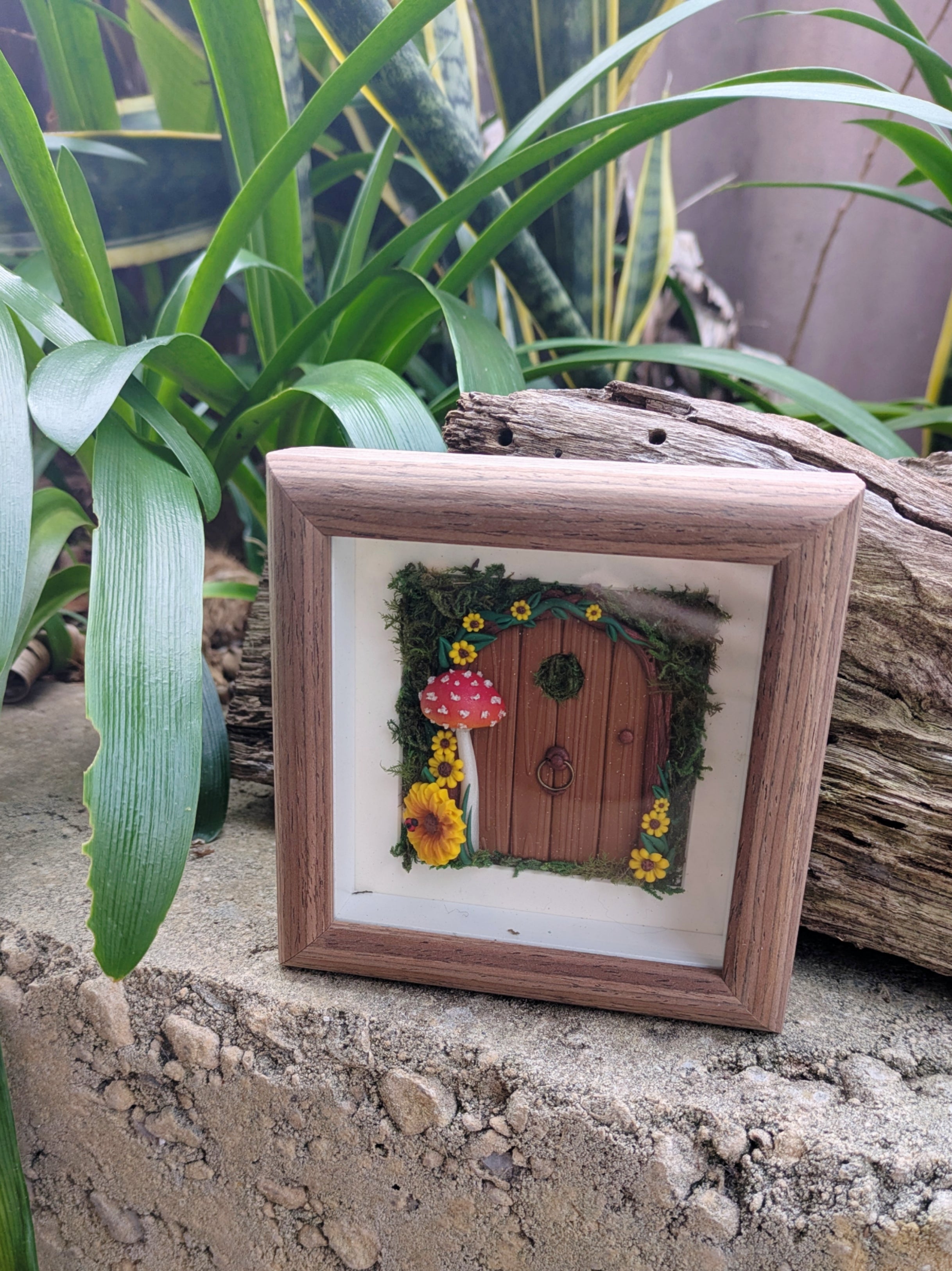 Hand Sculpted Woodland Sunflower Fairy Door Shadow Box