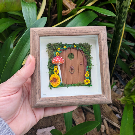 Hand Sculpted Woodland Sunflower Fairy Door Shadow Box