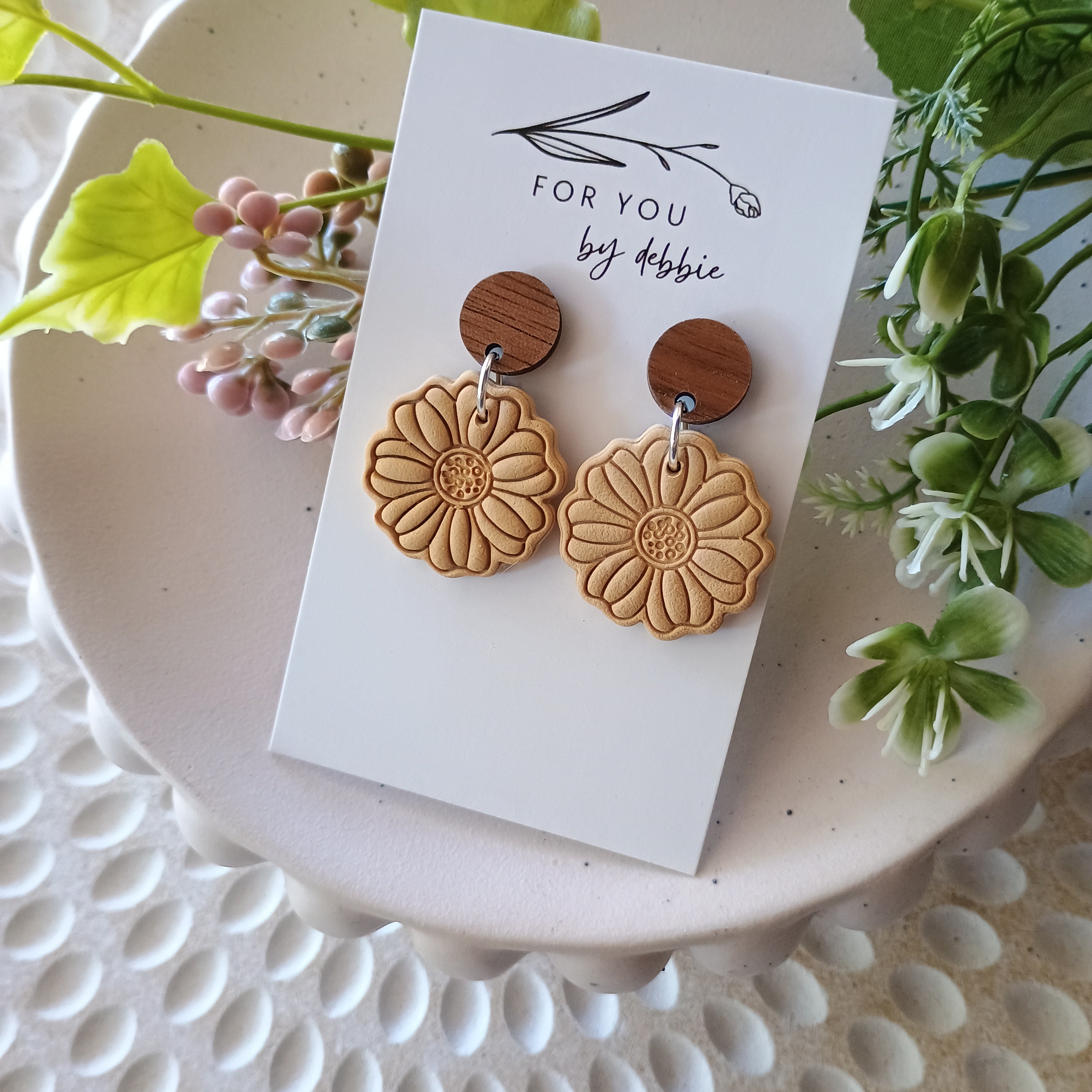 Suzie dangles polymer clay earrings- beige and wood stud