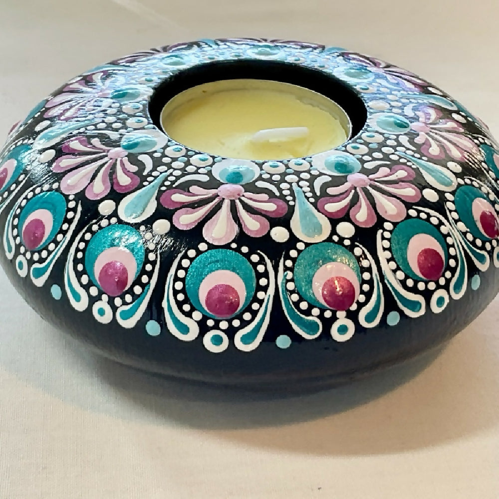 Unique Hand-painted Tea-light Candle Holder Gift Boxed, Pastel Blue, Pink & Black