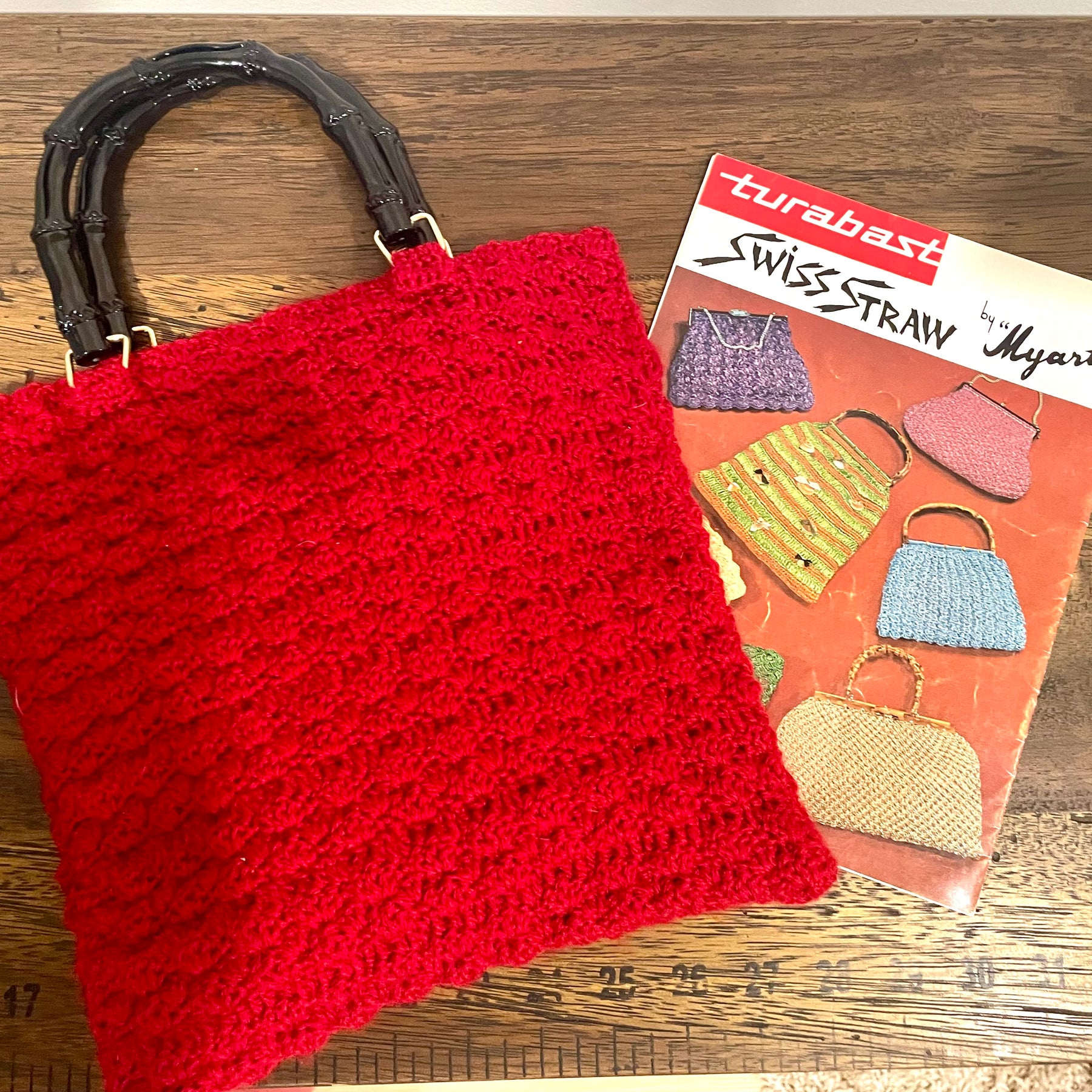 Red Crochet Handbag, 1950s Pattern, Bamboo Handles